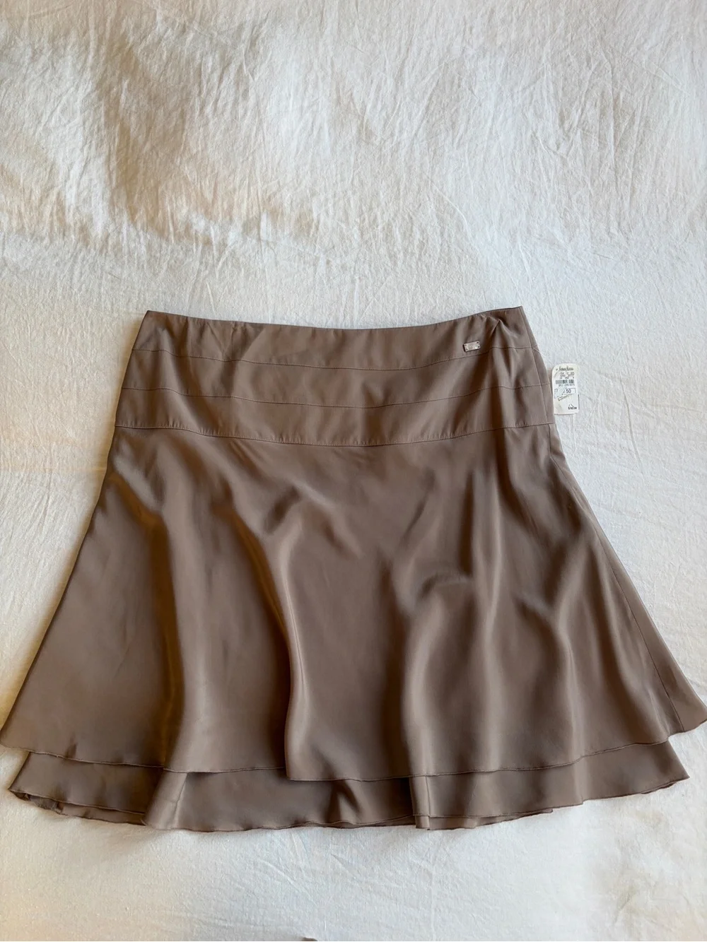 NWT Vintage Chanel Silk Logo Ruffle Flouncy Mini Skirt Taupe Brown Tan Pearl